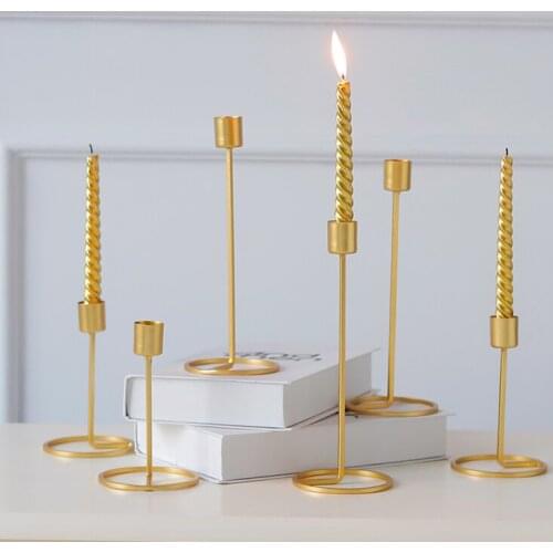 European Modern Home Decor Tabletop Center Gold Painted Iron Sticker Candle Holders Pair With Standing Circle Base