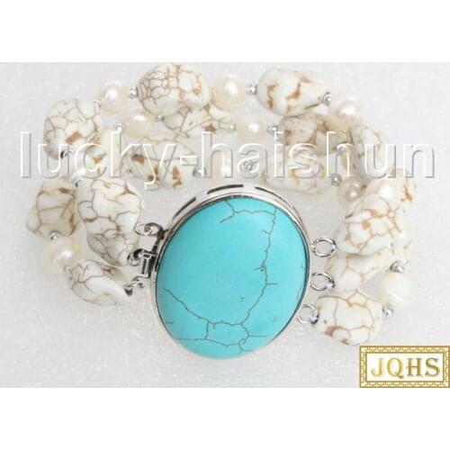 JQHS 8" 3row Natural baroque white pearls white turquoises Beaded Strand bracelet j11456
