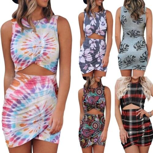 Summer New Sexy Tight Dress Fashion Print Sleeveless Round Neck Knee-Length Skirt Casual Beach Style