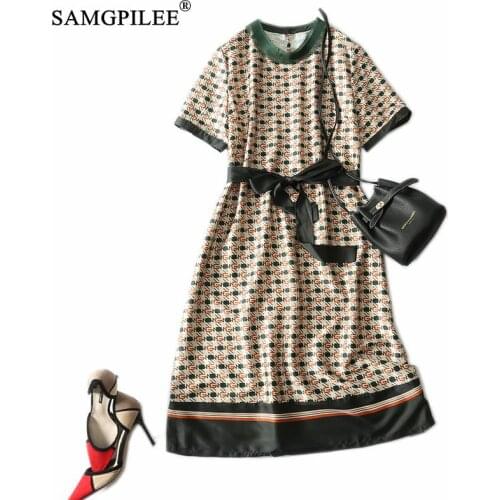 Summer Clothes For Women 2021 New European Retro Style Houndstooth Organza Collar O Neck Silky Satin Mid-calf Chiffon Dress