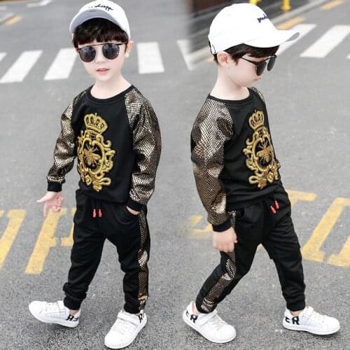 Fashion boy Cool Streetwear Sequin embroidery Children Clothing Boys spring T-shirt long pants Sport Suit Baby Kids Clothes Sets