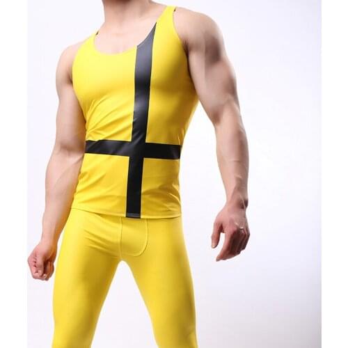 Men Pu Leather Sexy Fitness Tank Top/Sleeveless Mens Printed Bottom Bodybuilding Stringers Vest