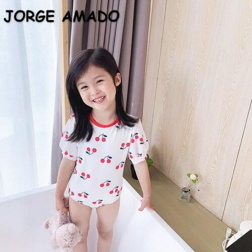 2021 New Korean Style Summer Teenagers Girls Swimwear 1-Pcs Sets Cartoon Cherry Swimsuit Children Cute Style Clothes E1025