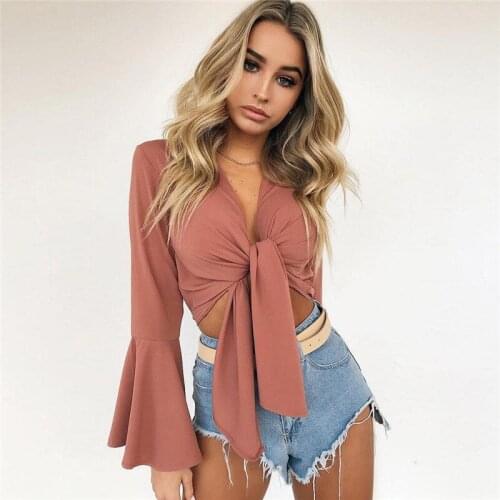 Sexy Women V- Neck Long Flare Sleeve Shirt Tops Solid Slim Bow Tie Front Short Summer Beach Top
