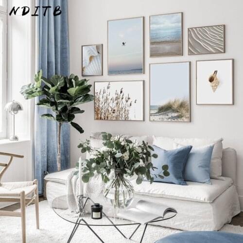 Scandinavian Seaside Beach Landscape Canvas Poster Seashell Wall Art Print Grass Painting Minimalist Picture Modern Home Decor