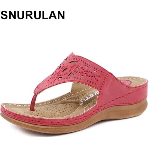 SNURULAN Summer leather soft-soled beach womens slippers lightweight and comfortable sandals mid-heel wedges non-slip womens