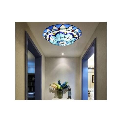 Mediterranean Tiffany Baroque Style Blue Stained Glass Pastoral Round Art LED Ceiling Light for Bedroom Aisle Light Fixture