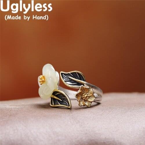 Uglyless Natural Jade Flower Jewelry for Women Hotan Gemstones Rings Handmade 925 Silver Leaves Rings Thai Silver Floral Bijoux