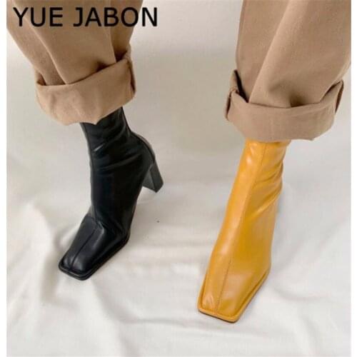 Yellow Square Toe Women Ankle Boots Chunky High Heel Elastic Boot Female Slim Fit Sock Boots Fashion Botas Mujer