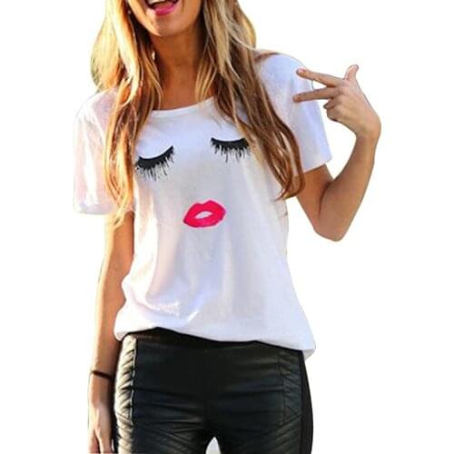 Womens Summer Cute Eyelash Lip Print Tee Casual Teen Girls T Shirts