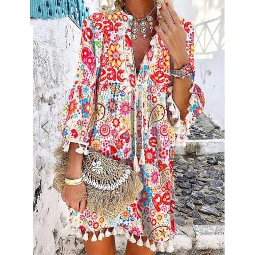 2021 Daisy Print Bohemian Women Dress Burretfly Three Quarter Sleeve Women Dress Loose Waist Placket Lace Up Tassel Lady Dress