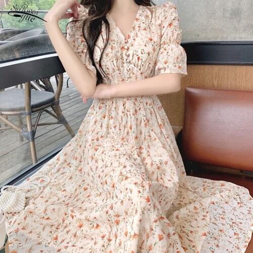 Summer New Style Puff Sleeve XL Long Dress Sweet Elegant Floral Floral Ladies Elegant Casual Party Loose Printed Dress Robe15467