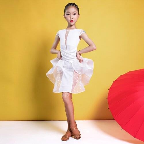 Short Sleeve Black Dots Girl Lace Sexy Latin Dance Dress Kids Dresses for Girls Dance Dress Salsa Cha Cha Rumba Samba dress