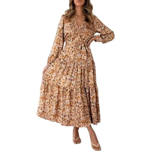 Women Elegant V Neck Elastic Waist Midi Dress Long Sleeve Drawstring Pleated Long Dress Floral Print Autumn Ladies Vestidos D30