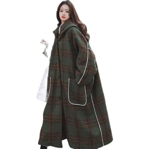 Oversized Cloak Profile Plaid Woolen Coat Mid-length 2021 Autumn Winter Jackets Plus Size Womens Clothing Retro Wool Coat d106