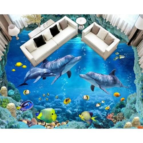 Beibehang Floor mural 3D wallpaper floor Underwater World Dolphins 3D living room PVC waterproof self - adhesive 3d flooring
