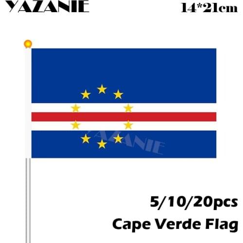 YAZANIE 14*21cm 5/10/20pcs Cape Verde Polyester Small Size Flying Fabric Flags with Plastic Hand Held Banner Custom Hand flag