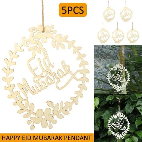 5pcs Muslim Ramadan Eid Mubarak Ornament Wooden Holiday DIY Craft Accessories Party Hanging Decoration Pendant Set