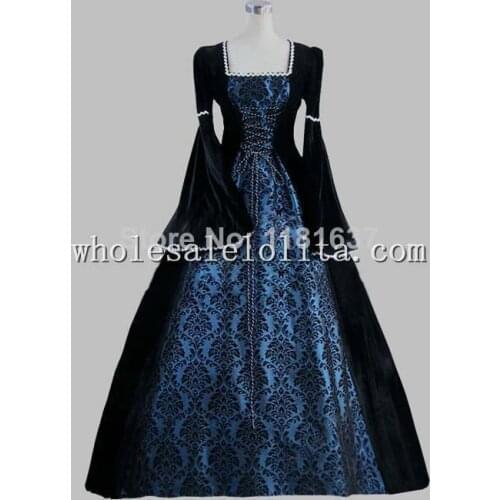 Gothic Black and Blue Print Elegant Victorian Ball Gown Party Dress Cosplay Dress