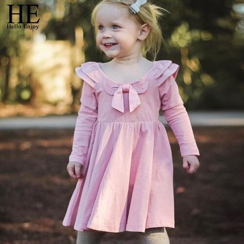 HE Hello Enjoy Toddler Girl Long Sleeve Pink Solid Bow Gowns For Children Girls Dress Kids Designer Girl Brands Clothing 2-5Year