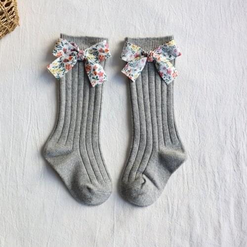 Court Style Babys Socks All-match Medeum Hight Babies' Socks Western Style Small Floral Bow Sunken Stripe Stockings
