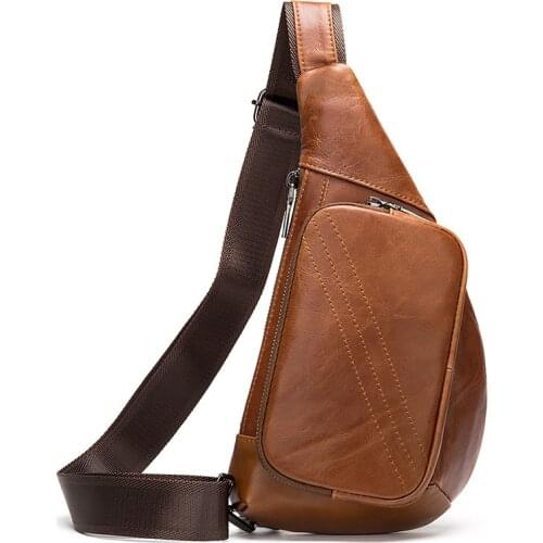 POOLOOS Mens Leather Chest Bag Soft Cowskin Leather Chest Pack Genuine Leather Crossbody Bag For Men Brown Black Coffee