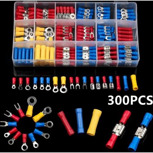 300Pcs Electrical Wire Crimp Terminals Kit Insulated Connectors Spade Ring Fork Butt Connectors Assorted Terminal Set