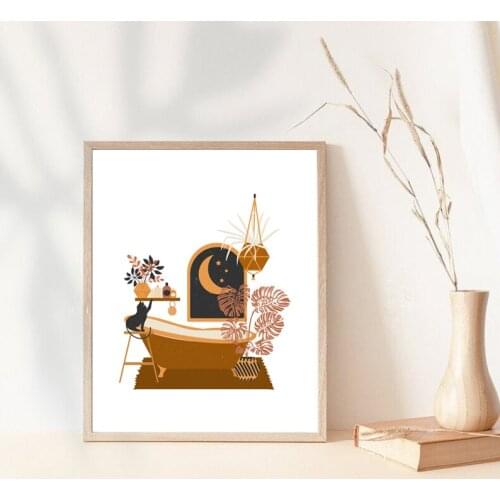 Boho Burnt Orange Wall Art Poster Bathroom Canvas Painting Prints Mid Century Modern Pictures for Toilet Home Decor