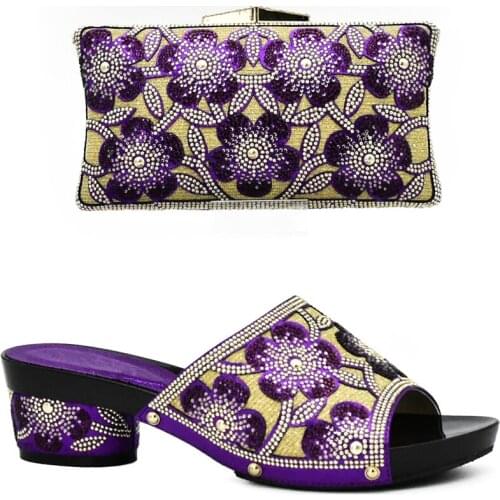 New Arrival Purple Color Matching Italian Shoe and Bag Set Decorated with Rhinestone Nigerian Women Wedding Shoes and Bag Sets