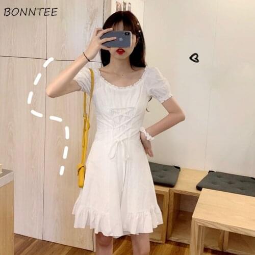 Dress Women Sweet Fairy Female Clothing Solid White Elegant O-neck Puff Sleeve Bandage Abdomen Lovely A-line Teens Popular Mini