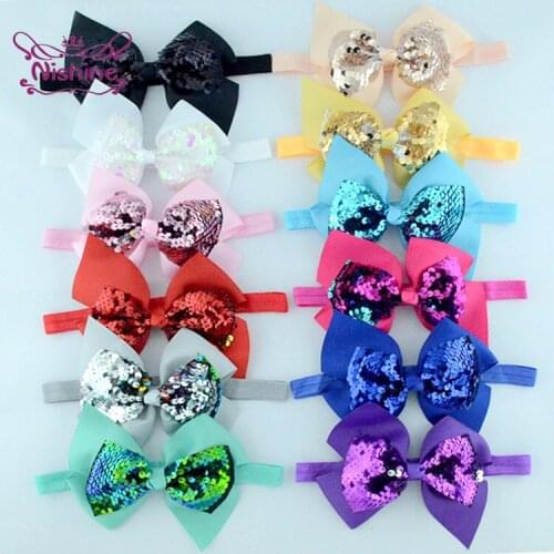 12*12 CM Ribbon Bowknot Elastic Hairband Newborn Baby Girls Glitter Sequins Bows Headband Princess Headwear Handmade Accessories