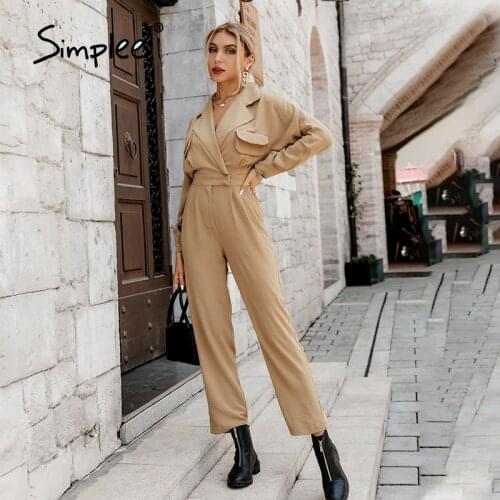 Simplee Office lady high waist pocket jumpsuit khaki Elegant long sleeve jumpsuit romper autumn Shirt collar work clothing 2021
