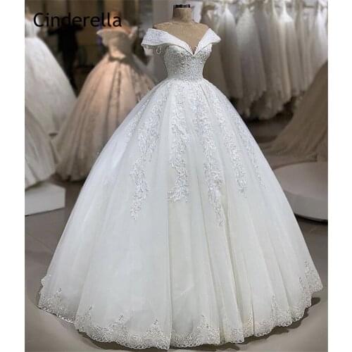V-Neck Off The Shoulder Court Train Lace Applique Crystal Tulle Wedding Dresses With Lace Up Back Ivory Color Lace Bride Gowns