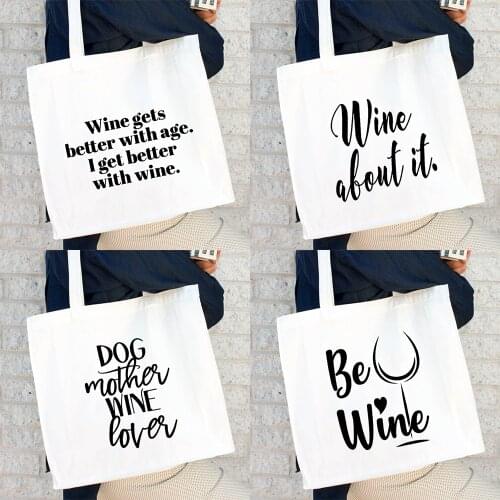 Dog Mother Wine Lover Print T Shirt Women Canvas Bag Trendy Wine Print Female Shopper Bag Graphic Reusable Should Bag Gocery