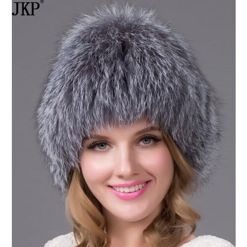 JKP Natural Silver Fox Fur cap Women Winter Hat Knitted Cap Fox Fur Bomber Hat Female Ear