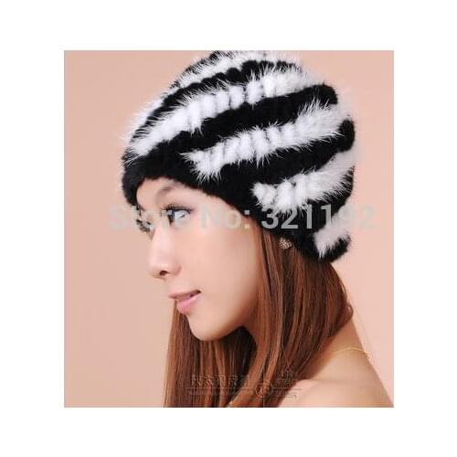 Women Winter Free Size Protection Ear 100% Mink Fur Stripes Berets Hats Femalethick Knit Mink Caps Woman Autumn Warm Fox Fur Hat
