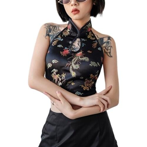 Women Sexy Halter V-neck Buckle Vest Summer Fashion Dragon Embroidery Chinese Style Tank Tops Backless Casual Vest Top