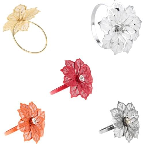 12pcs Flower Napkin Rings Hollow Mesh Petals Alloy Metal Towel Holder Serviette Buckle Table Decor Gold/Silver/Black/Red/Orange