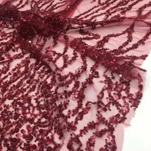 5yards/pc) high quality embroidered tube beaded French net lace wine red African tulle lace fabric for party dress FSS211