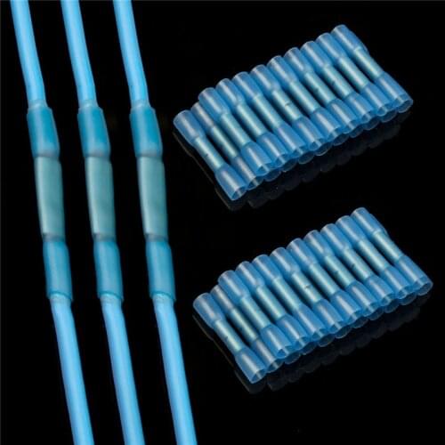 50PCS Blue Insulated Heat Shrink Crimp Terminals Waterproof Fully Insulated Seal Butt Electrical Wire Connectors AWG 16-14