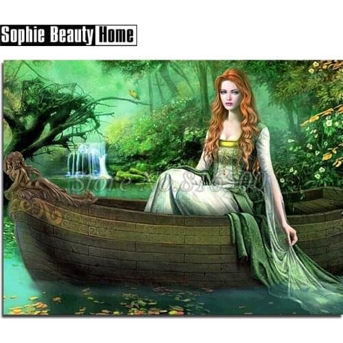 DIY Diamond Painting Cross Stitch Diamond Mosaic Needlework Craft Beauty On Boat Water Full Diamond Embroidery Home Decor 188332