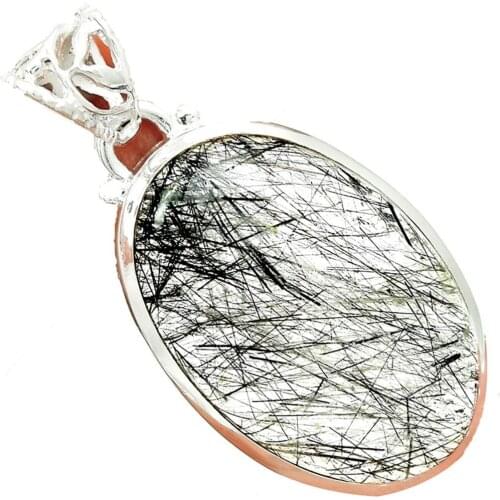 Lovegem Black Rutile Pendant 925 Sterling Silver Jewelry,40 mm, AP2159