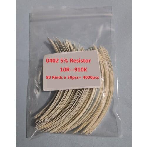 0402 SMD Resistor Kit 80 Kinds x 50pcs= 4000pcs 10R to 1M 5% Sample Assorted Kit 910K 470K 100K 10K 4.7K 1K 470R 220R 100R Ohm