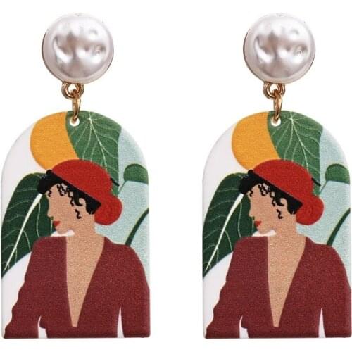 Exaggerated Painted Resin Pearl Earrings Retro Pastoral Character Print Earrings