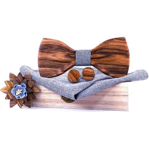 Linbaiway Wooden Bow Tie Hanky Cufflinks Brooch Set Women Wood Bowtie Set with Box Fashion Wedding Bridegroom Suit Corsage