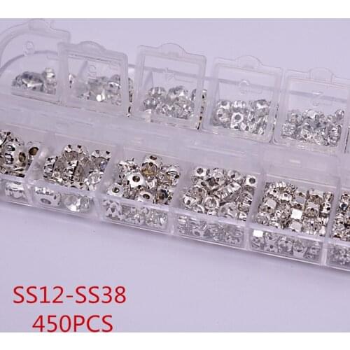 360pcs/450pcs SS12-SS38 Mix size Clear glass Crystal Silver/Golden Flatback Rhinestone sewing For Wedding dress jewelry