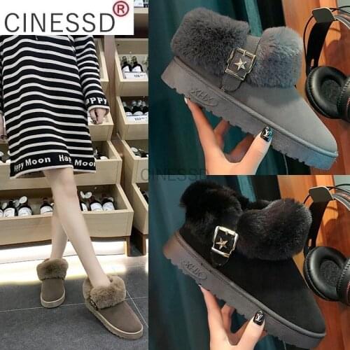 Fashion Snow Boots The New Women Boots Winter Flock Ankle Slip-On Round Toe Flat with Solid Plush Buckle Thicken High Quality