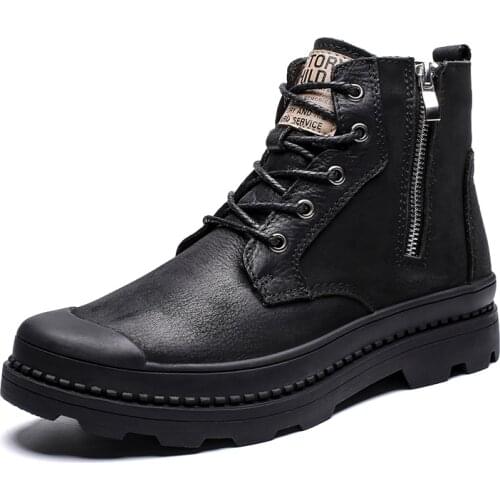 Men Boots Genuine Leather Autumn Leather Shoe Male High Top Zipper Motorcycle Boot Winter Boot Plush Fur Warm Snow Boots Shoes