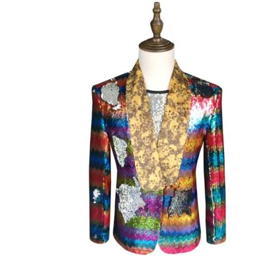 Mens Rainbow Color Sequins Costumes Men Singer Stage Personality Performance Clothing Star Singing Party Host Suits Jackets