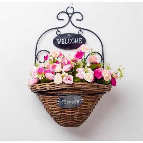 Hand-made Willow Planter Hanging Wall Black Metal Hook Flower Pots Baskets Hanger Bracket Plants Basket for Home Garden Decor